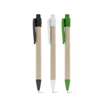 Caneta esferográfica em papel kraft reciclado com escrita em azul